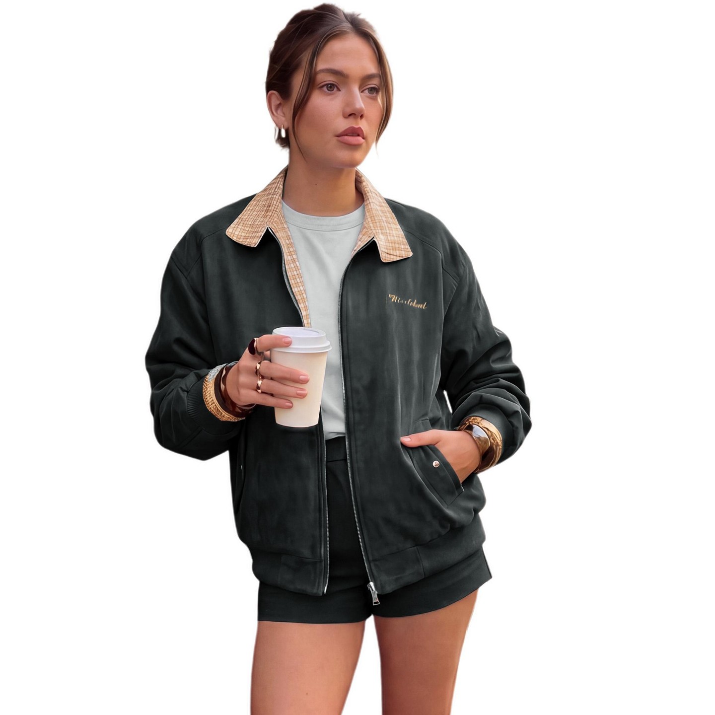 Женские куртки INSPIRE CHIC Plaid Faux Suede Contrast Color Elastic Cuff Lined Casual Dual Zip Pocket Moto Bomber Coats L Gray, цвет: Серый — фото 1