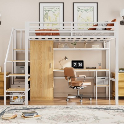 Whisen Twin Size Metal  Loft Bed with Built-In Desk, Wardrobe, Shelves and Storage Staircase