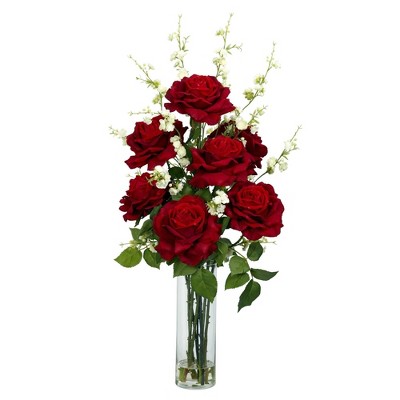 Elegant Red Rose and Cherry Blossom Tabletop Arrangement with Glass Vase