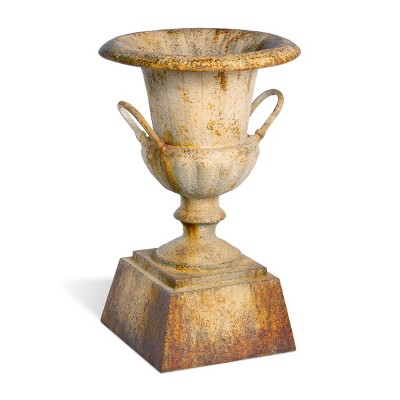 Aged Rusted Metal Outdoor Urn Planter with Pedestal