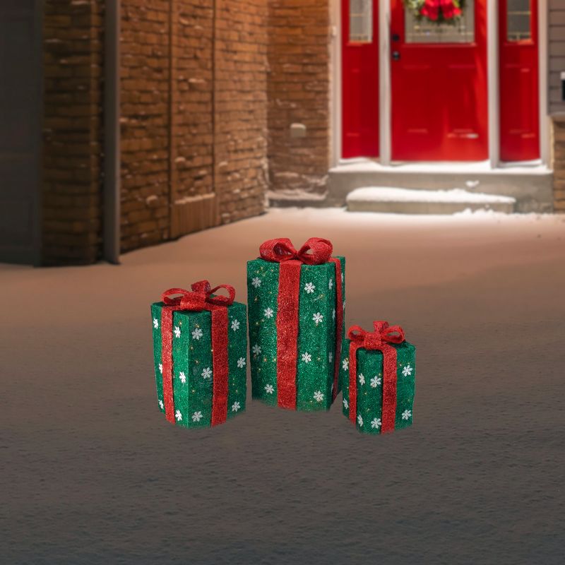 Northlight Set of 3 Lighted Tall Green Gift Boxes with Red Bows Christmas Outdoor Decorations 18", 2 of 3