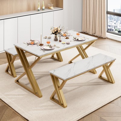 Dining Table Bench Set for 4, Kitchen Table Set With 2 Benches, Rectangular Dining Room Table Set With Faux Marble Tabletop