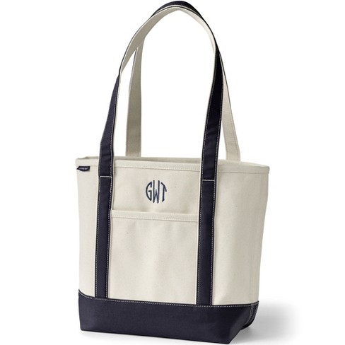 Lands' End Medium Natural 5 Pocket Open Top Long Handle Canvas Tote Bag - -  Natural/True Navy