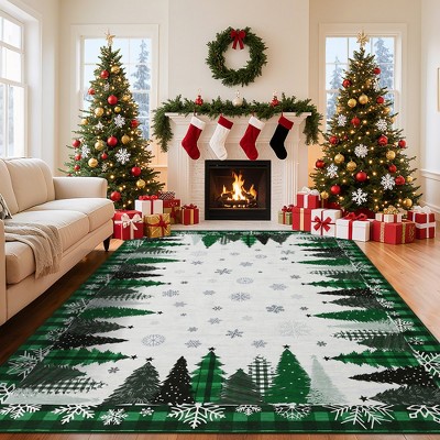 Christmas Washable Rugs for Living Room, Christmas Rugs with Xmas Tree Snowflake Pattern, Foldable Plaid Accent Rug, Soft Low Pile Carpet