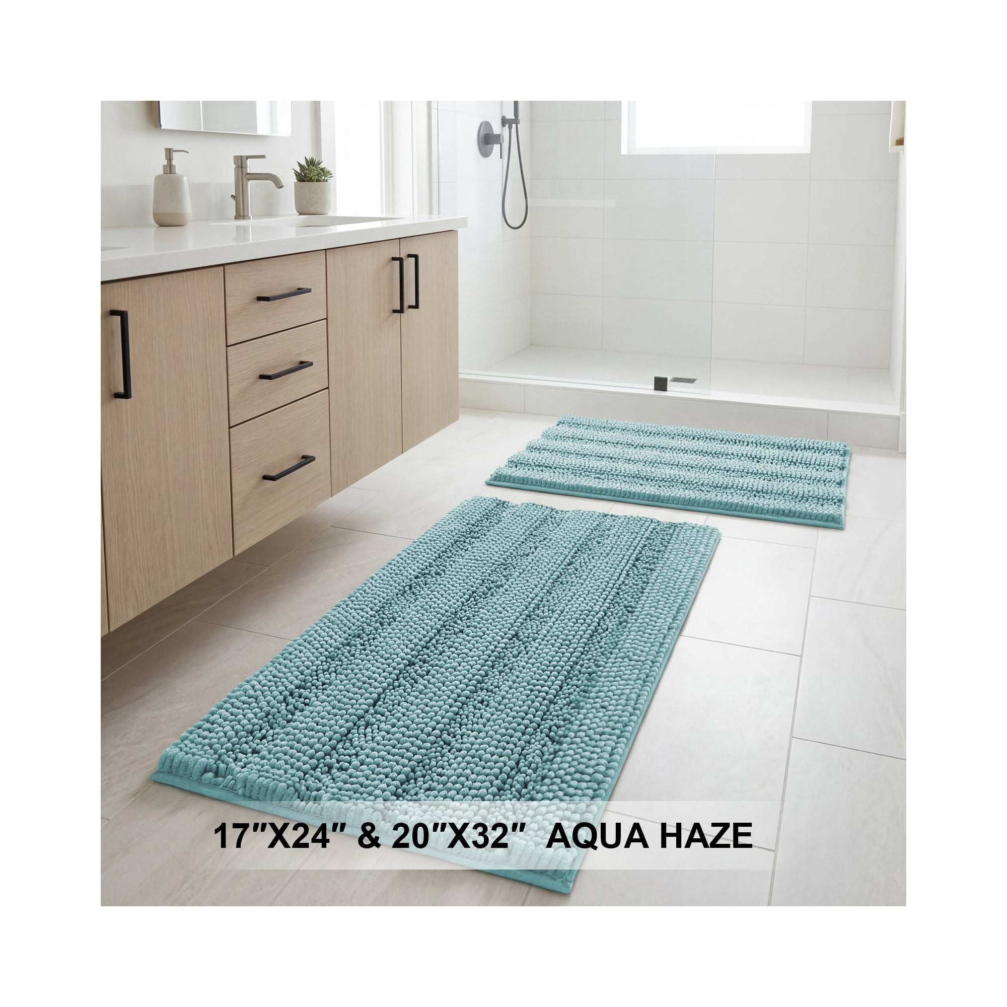 H.Versailtex 2 Pieces Extra Thick Chenille Striped Pattern Shaggy Bath Rugs Include 1 Rectangle and 1 Toilet Rug AQUA 32"x20"/24"x17"