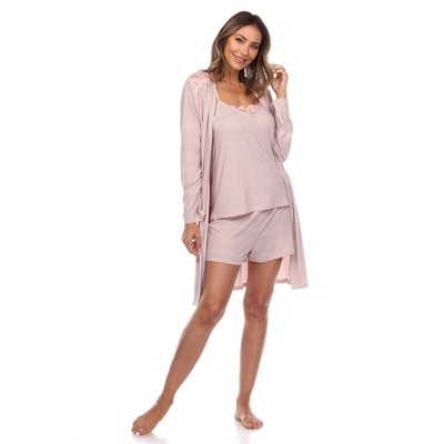 Image of Women's 3 Piece Striped Pajama & Robe Set Pink Medium - White Mark