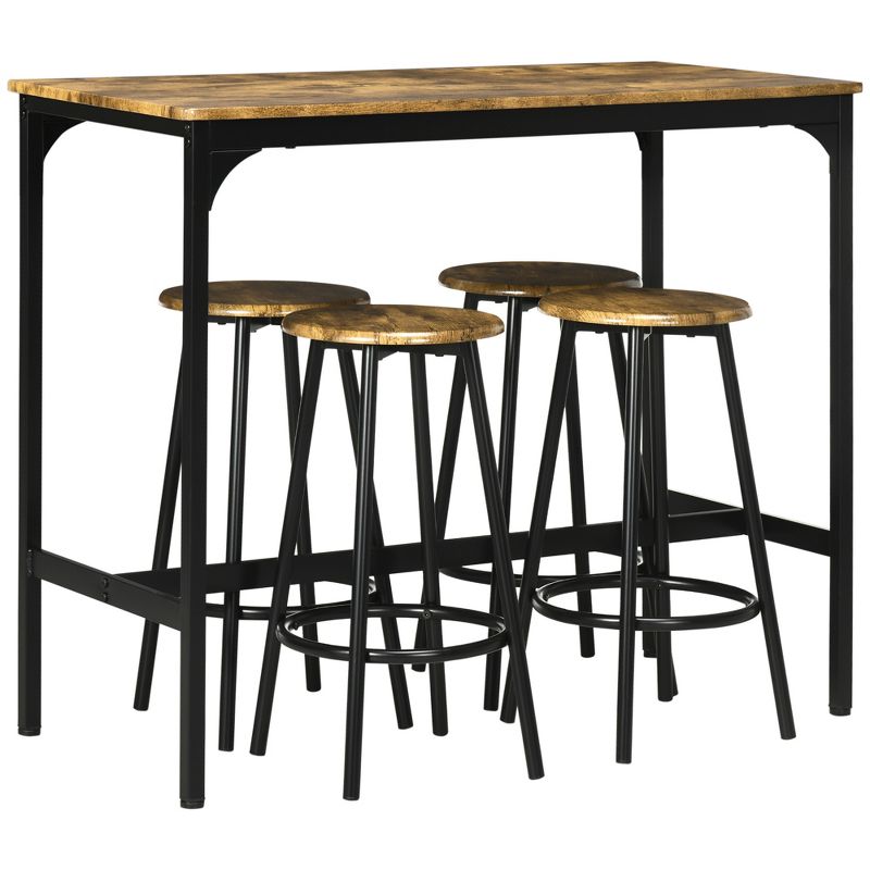 HOMCOM 5-Piece Counter Height Bar Table and Chairs Set, Rustic Bar Table with Stools, Kitchen Table 4 Chair Bar Table with Wooden Top, 1 of 7