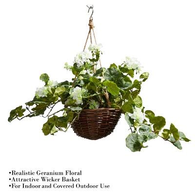 White Geranium Faux Flower Arrangement in Wicker Basket with Jute Rope Hanger