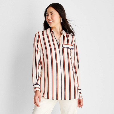 Women's Striped Satin Button-Down Shirt - Future Collective™ with Reese Blutstein White