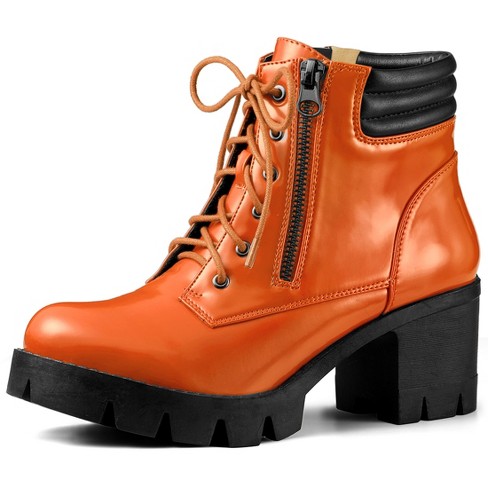 Vanguard Boots Genuine Leather Mixed Colors Platform Boots Women Shoes Zip Round Toe Sewing High Heel Ankle Boots Orange / 9