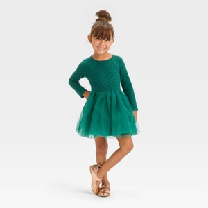 Toddler Girls' Long Sleeve Knit Tulle Dress - Cat & Jack™ Green - 1 of 3