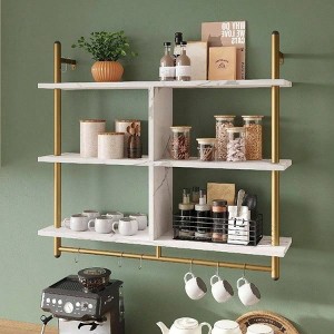 Wall Mounted Floating Pipe Shelving 3 Tier Coffee Bar Shelf White Faux Marble Kitchen Organization Storage Rack Home Decor - 1 of 4