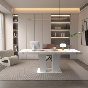 Modern Faux Marble Extendable Dining Table for 6-10, Sleek Dual Pedestal Base, Elegant & Spacious Design for Dining Room-Coolbibila - 1 of 4