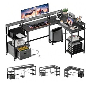 Grey   L Shaped Desk - 76" Reversible L Shaped Computer Desk With File Drawer, Office Desk With Power Outlet, L Shaped Gaming Desk With Monitor Shel - 1 of 4