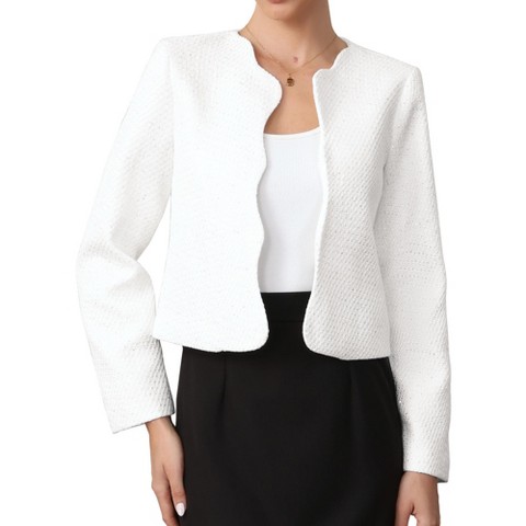 INSPIRE CHIC Women's Tweed Long Sleeve Crew Neck Open Front Work Business Cropped Blazers Large White