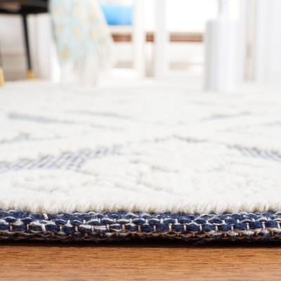 Ivory and Navy Hand-Knotted Wool 6' Square Area Rug