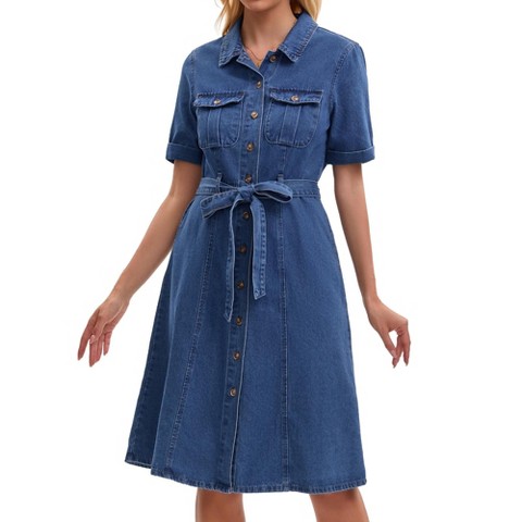 Женские платья INSPIRE CHIC Women's Denim Button Down Short Sleeve Belted Casual Jean Shirt Dresses Medium Blue