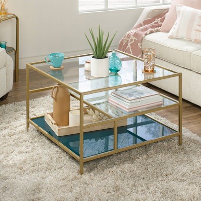 Satin Gold Square Coastal Glass Coffee Table with Abstract Shelves