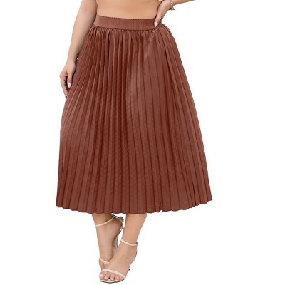 Clearlove Plus Size Pleated Skirt Women's Elastic Waist Boho  Midi Skirts with Pockets