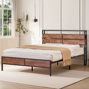 VECELO Full/Queen/King Size Bed Frame, Metal Platform Bed with Wooden Headboard & Charging Station, Sturdy Steel Slats Support, Brown - 1 of 4
