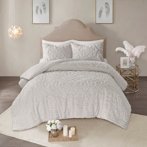 3Pcs Medallion Pattern Solid Cotton Comforter Set, Boho Style Tufted Chenille Bedding Set, All Season Bed Set with Matching Shams - 1 of 4