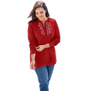 Woman Within Embroidered Thermal Henley Tee - 1 of 4