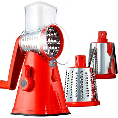 Red Stainless Steel 3-in-1 Rotary Cheese Grater and Vegetable Chopper