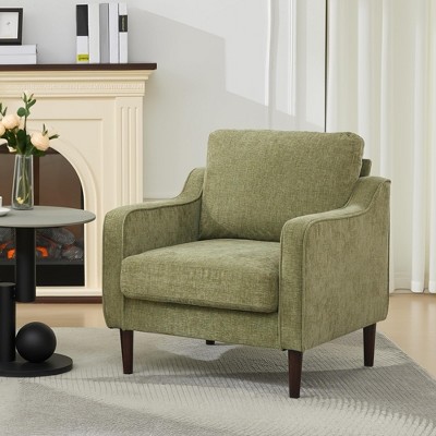 Mid Century Modern Living Room Chairs, Green Upholstered Arm Chair,Comfy Breathable Linen Fabric, Sofa Chair with Wood Legs,Reading Chairs