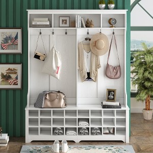 CAVINAS Hall Tree with 6 Hooks Modern Coat Rack with Bench and 24 Storage Shoe Cubbies for Entryway - 1 of 4