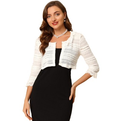 Allegra K Women's Lace Elegant Crop Cardigan 3/4 Sleeve Ruffle Bolero Shrug Top