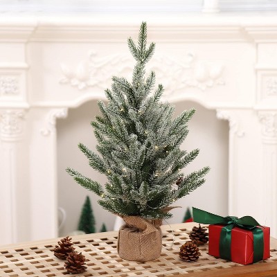 24" Artificial Tabletop Mini Christmas Tree, Small Green Frosted Christmas Tree with Burlap Base, Miniature Pine Tree Christmas Tree Decoration