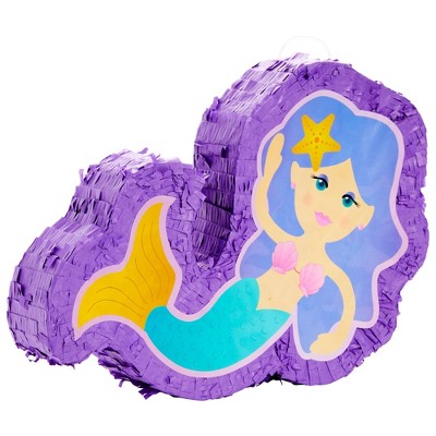 Blue Panda Small Mermaid Pinata for Birthday, Ocean Theme Under the Sea Party Decorations, 15.8 x 11.5 x 3.1 In