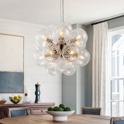 LLHZSY Modern 12-Lights Clear Swirled Ribbed Glass Globe Bubble Pendant Chandelier-Nickel-18 1/2"