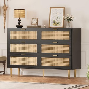 Natural Rattan 6-Drawer Dresser with Gold Legs & Handles, Wide Storage Chest for Bedroom or Living Room, Anti-Tip Design & Large Top Surface - 1 of 4