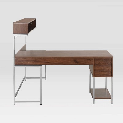 Walnut Wood L-Shaped Gaming Computer Desk with Hutch and Drawer