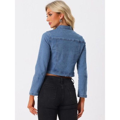 Allegra K Women's Stand Collar Zip Up Long Sleeve Motorcycle Biker Jean Jackets Blue Medium — фото 3