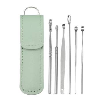 Unique Bargains Stainless Steel Ear Cleansing Tool Set with Faux Leather Packaging Green 6 Pcs