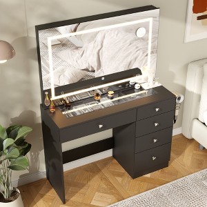 39" Vanity Desk with Mirror and Lights, 5 Drawers Makeup Vanity Desk with Tempered Glass top - 1 of 4