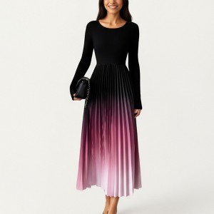 Anna-Kaci Women's Long Sleeve Pleated Maxi Dress with Gradient Ombre Skirt and Fitted Bodice - 1 of 4