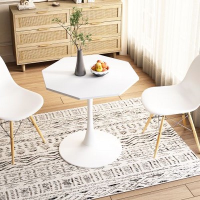 Modern Octagonal Coffee Table with Printed White Marble Table Top, Metal Base, for Dining Room, Kitchen, Living Room, CENGHU Bistro Table