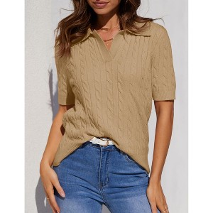 Womens Sweater Collar V Neck Short Sleeve Casual Knit Sweater Tops - 1 of 3