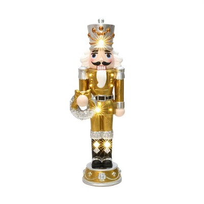 LuxenHome Lighted Nutcracker Gold Soldier with Silver Wreath, Battery Operated Xmas Decoration