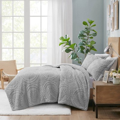 Gray Full Faux Fur Reversible Bedspread Set
