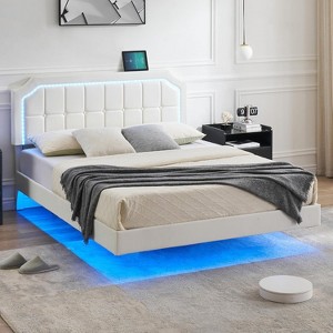 Floating Bed Frame with Led Lights Modern Upholstered Platform Bed Frame No Box Spring Needed Easy Assembly Grey - 1 of 4