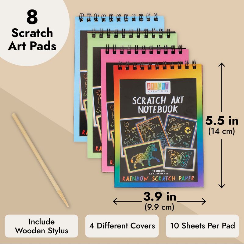 Bright Creations 8 Pack Rainbow Color Scratch Art Pads Set for Kids with Wooden Styluses, 10 Sheets, 5.5 x 3.9 in, 4 of 9