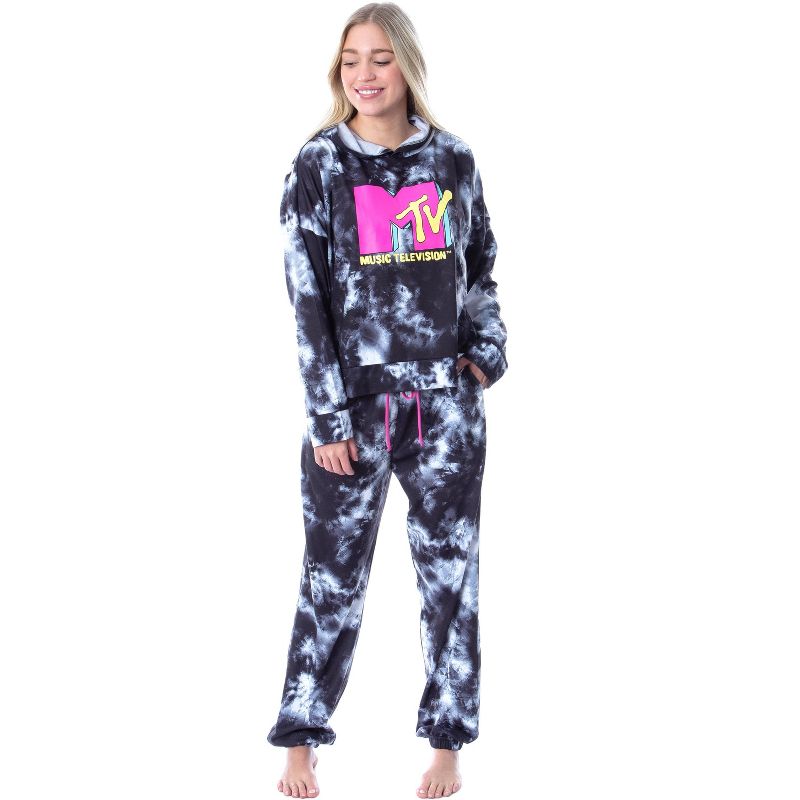 MTV Music Television Tie Dye Womens' Cropped Hooded Pajama Jogger Set Black, 1 of 6
