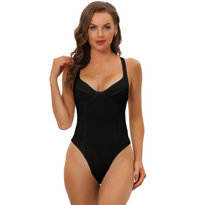 Allegra K Women's Long Sleeve Slim Fit Stretchy Square Neck Leotard  Jumpsuit Black Small : Target