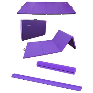 BalanceFrom Fitness 120 x 48 Inch All Purpose Exercise Mat Bundled with 8 Foot Balance Beam Foldable Gymnastic Activity Set, Purple - 1 of 4