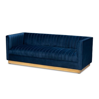 Aveline Velvet Upholstered Finished Sofa Navy Blue/Gold - Baxton Studio: Chic, Tufted, No Assembly, Metal Base