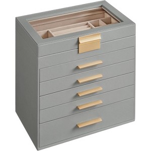 Glass Lid Jewelry Box 3 Layers 2 Drawers Modern White and Gold Finish Storage Organizer Display Case - 1 of 4